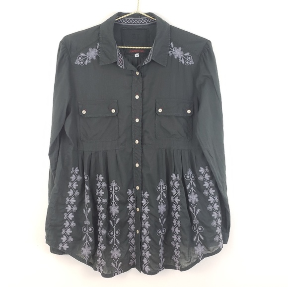 Johnny Was Tops - Johnny Was Embroidered Navy Button Down Blouse